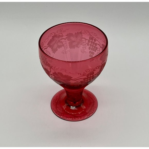 Vintage Cranberry/Red Etched Crystal Grape and Vine Footed Goblet 5.5" Tall - Picture 3 of 5